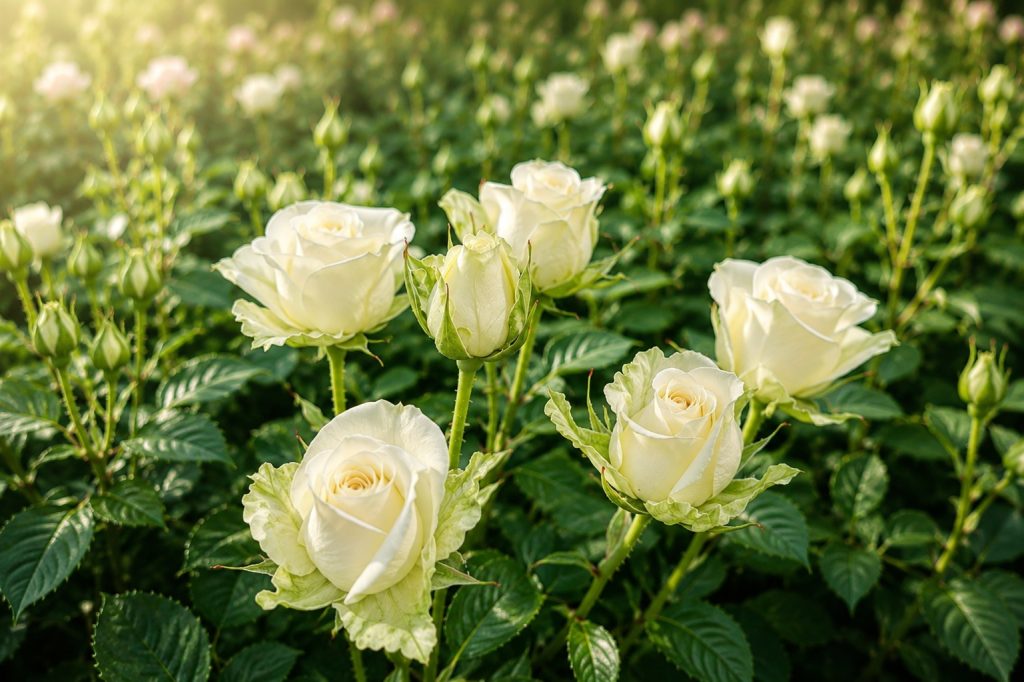 White roses ready for harvest at the farm