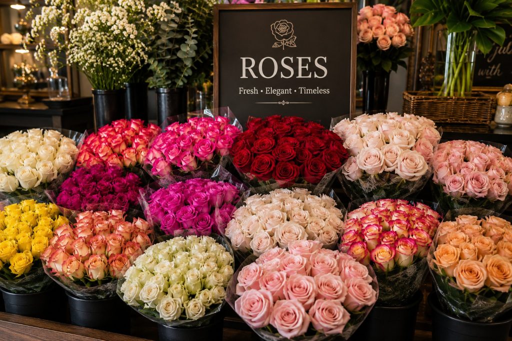 Bouquets of roses on display at a florist
