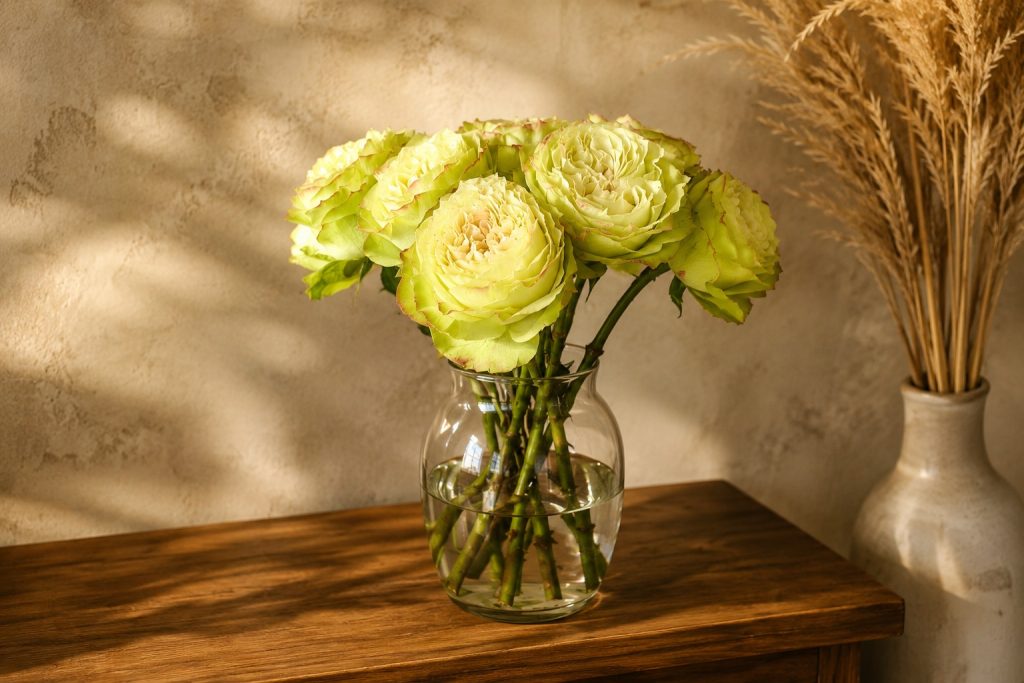 Green garden roses arranged in a glass vase