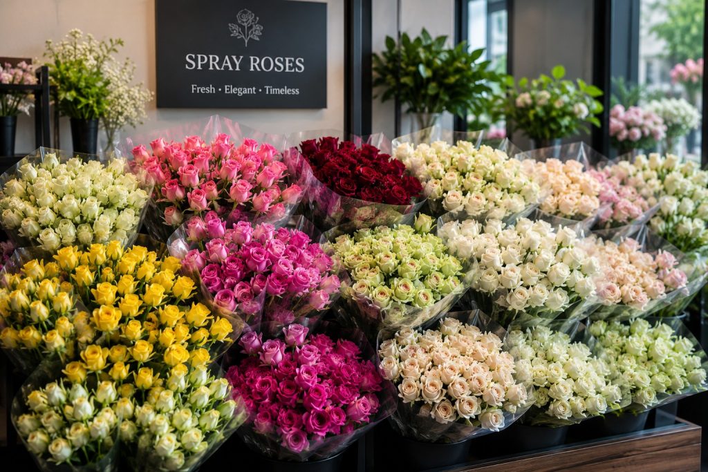 Buckets of spray roses on display at a flower shop